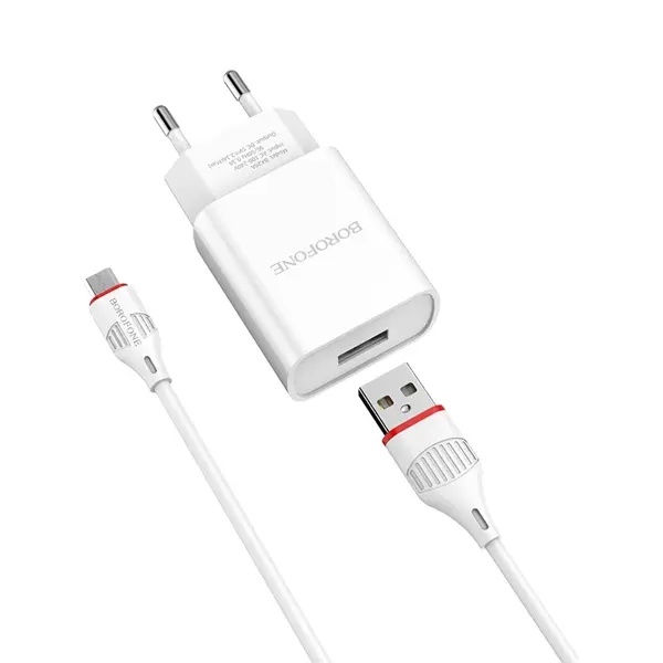 MR3_273350 Мережевий зарядний пристрій borofone ba20a 1usb, кабель micro білий BOROFONE